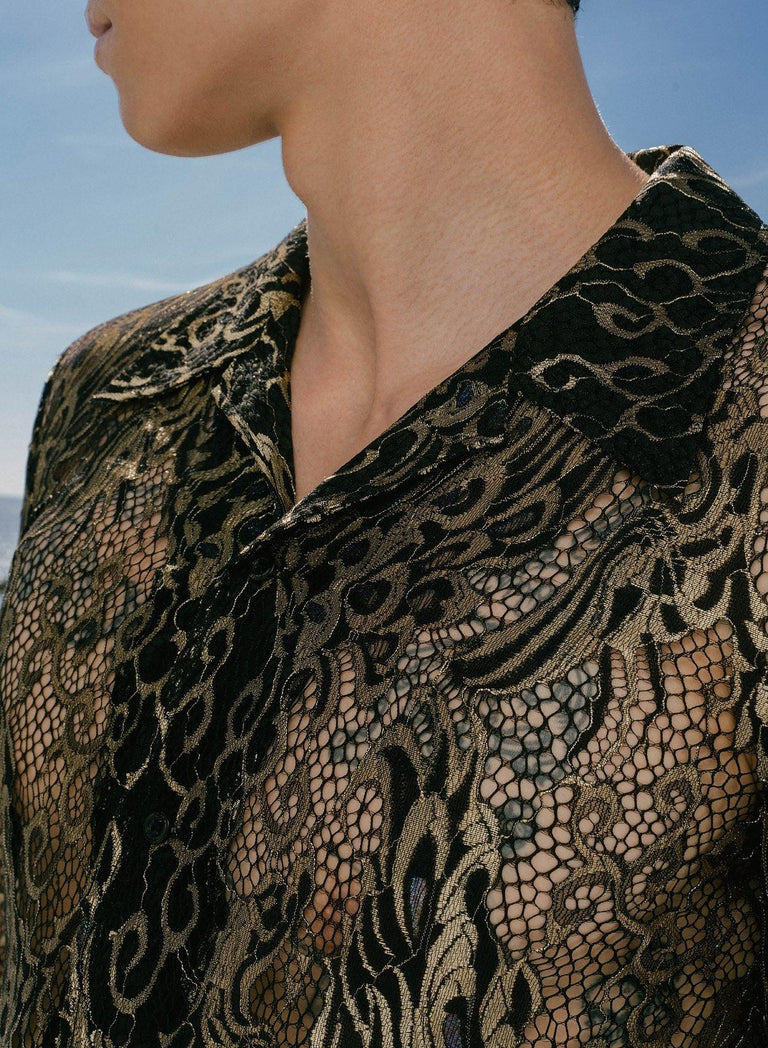 Black Lace Gold Long Sleeve Cuban Peacock Shirt