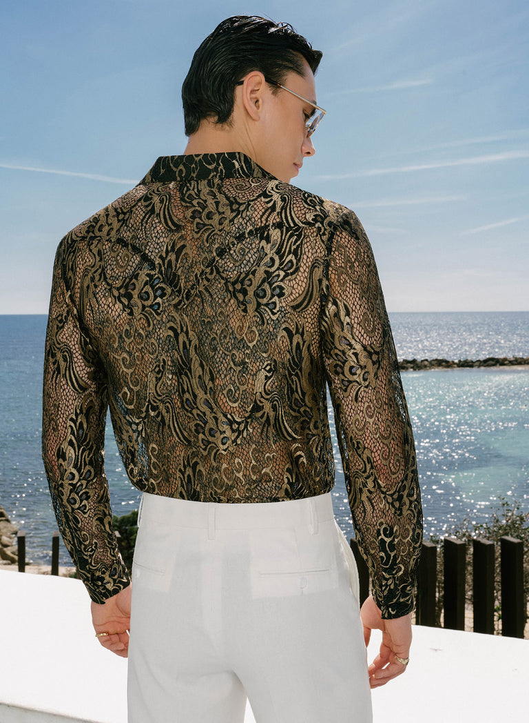 Black Lace Gold Long Sleeve Cuban Peacock Shirt