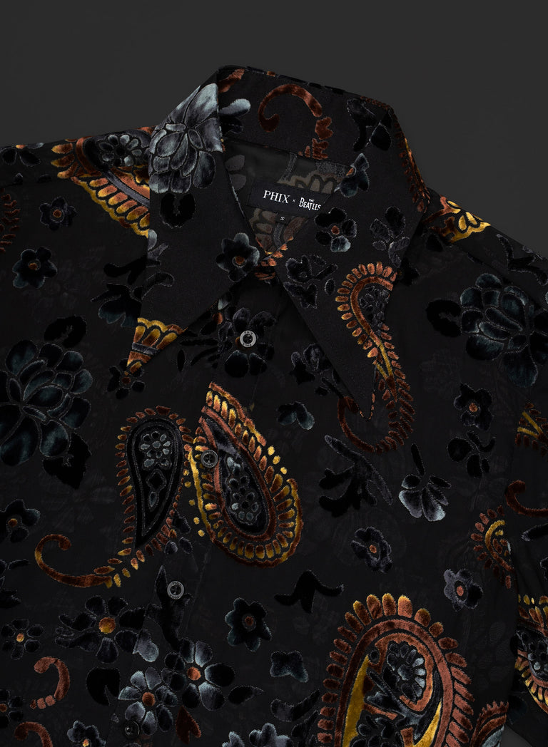 Phix X The Beatles Sheer Black Floral Paisley Shirt