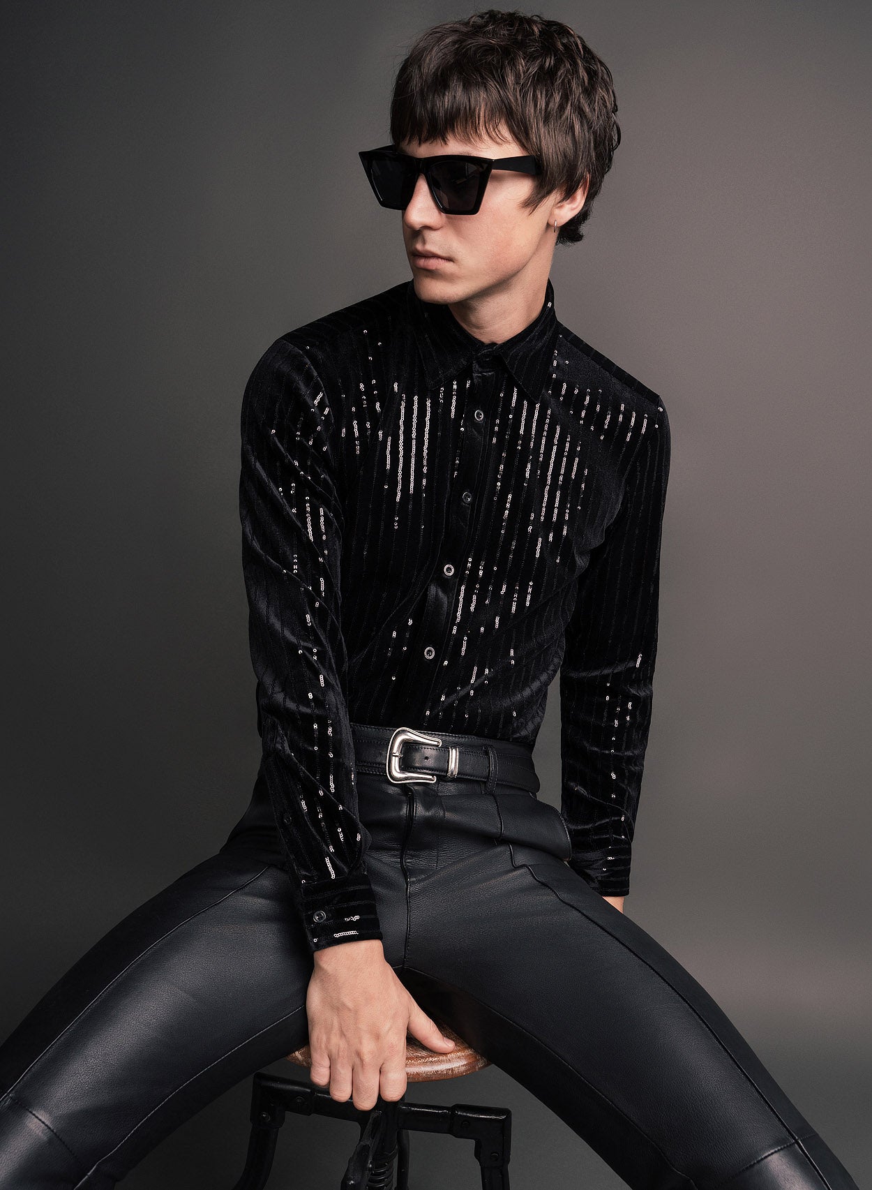 mens black sequin dress shirt Men's sequin Design Black Shirt Long Sleeve Casual Loose Hairstylist Blouse Chic