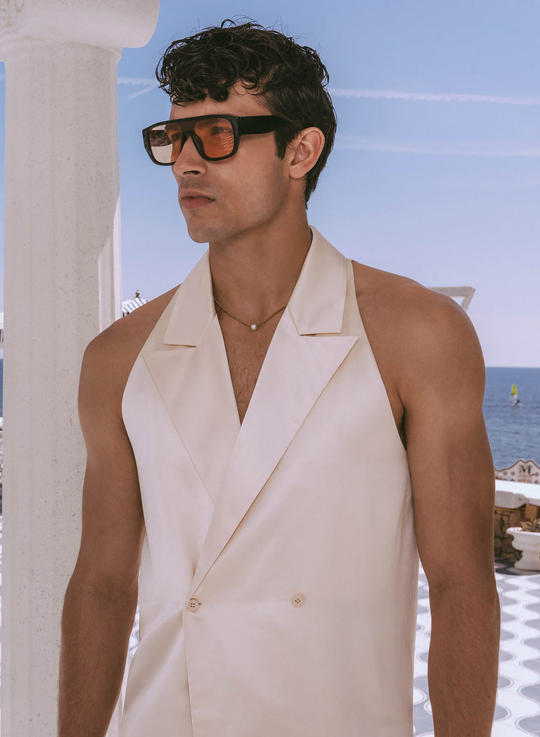 Pearl Satin Double Breasted Sleeveless Shirt