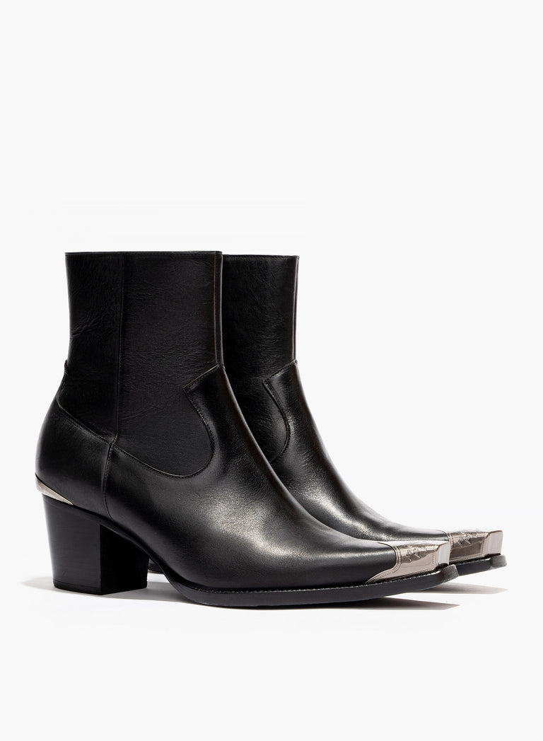 Black Western Leather 60mm Boot with Engraved Metal Toe