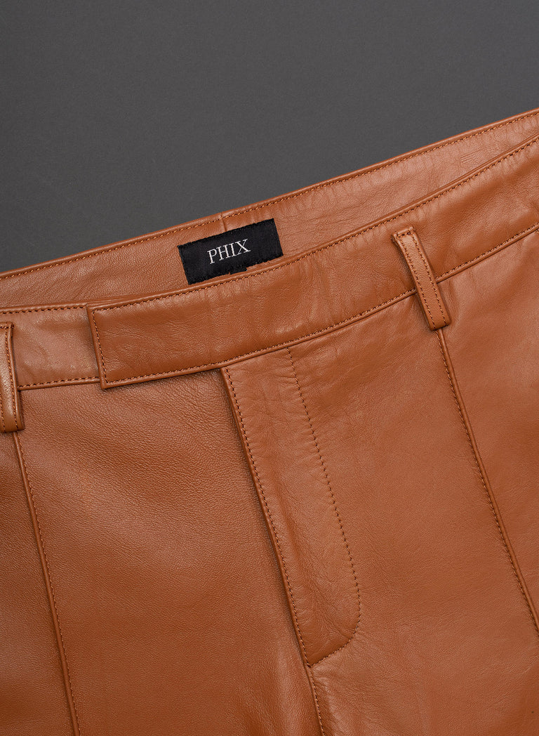 Brown Leather Pin Tuck Trousers