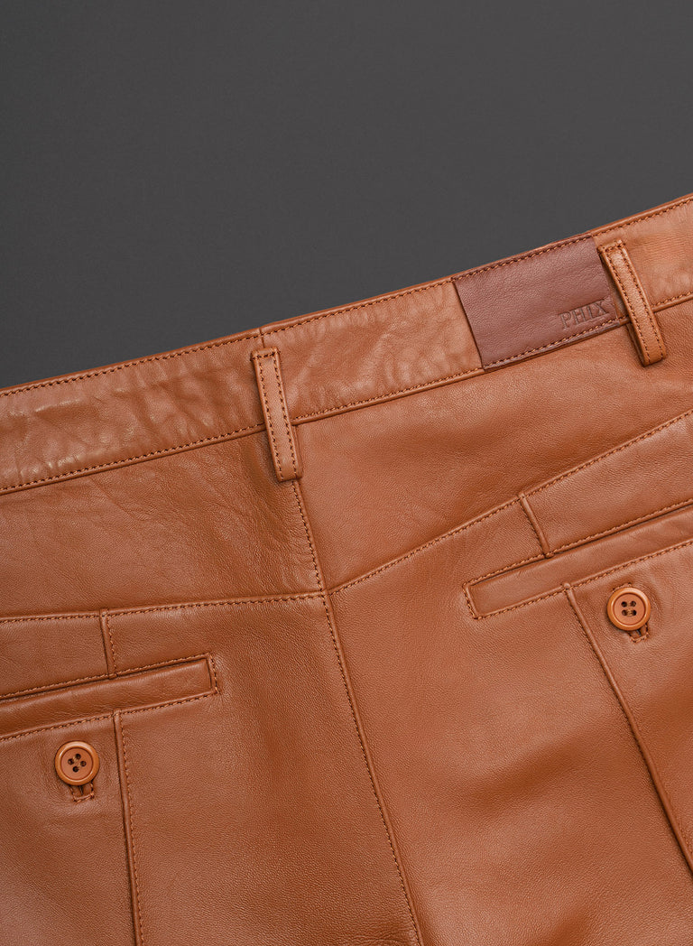 Brown Leather Pin Tuck Trousers