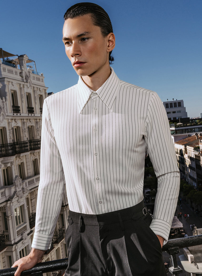 White Pinstripe Point Collar Shirt