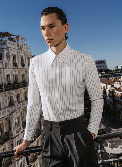 White Pinstripe Point Collar Shirt