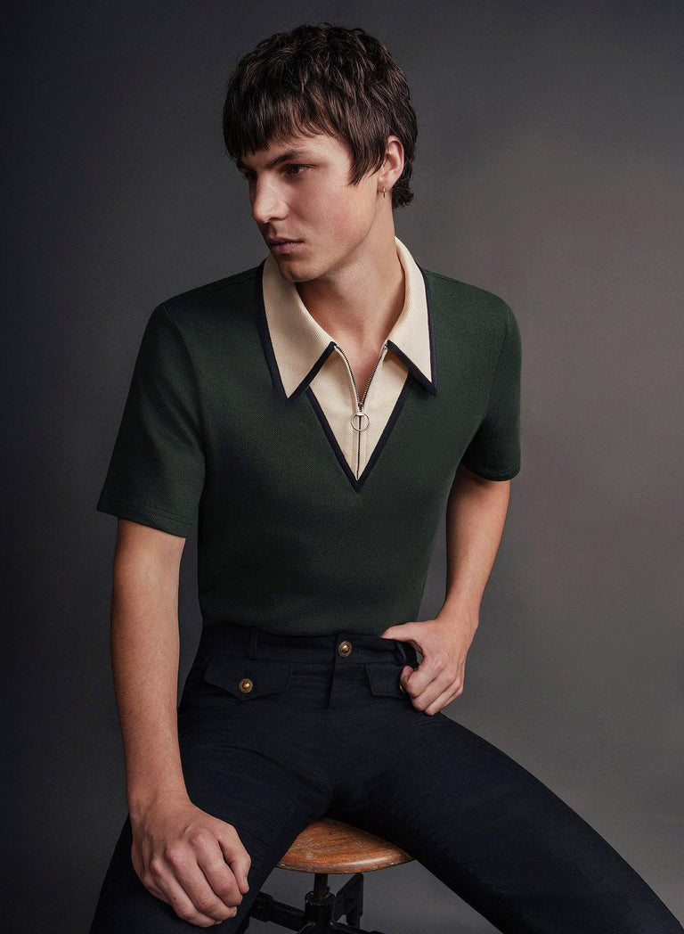 1960s Men’s Outfit Inspiration | Clothing Ideas GREEN CARNABY CIRCLE ZIP COTTON POLO SHIRT  AT vintagedancer.com