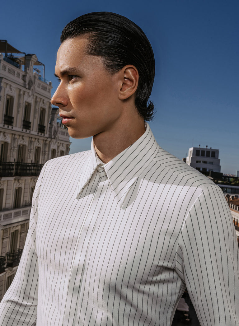 White Pinstripe Point Collar Shirt