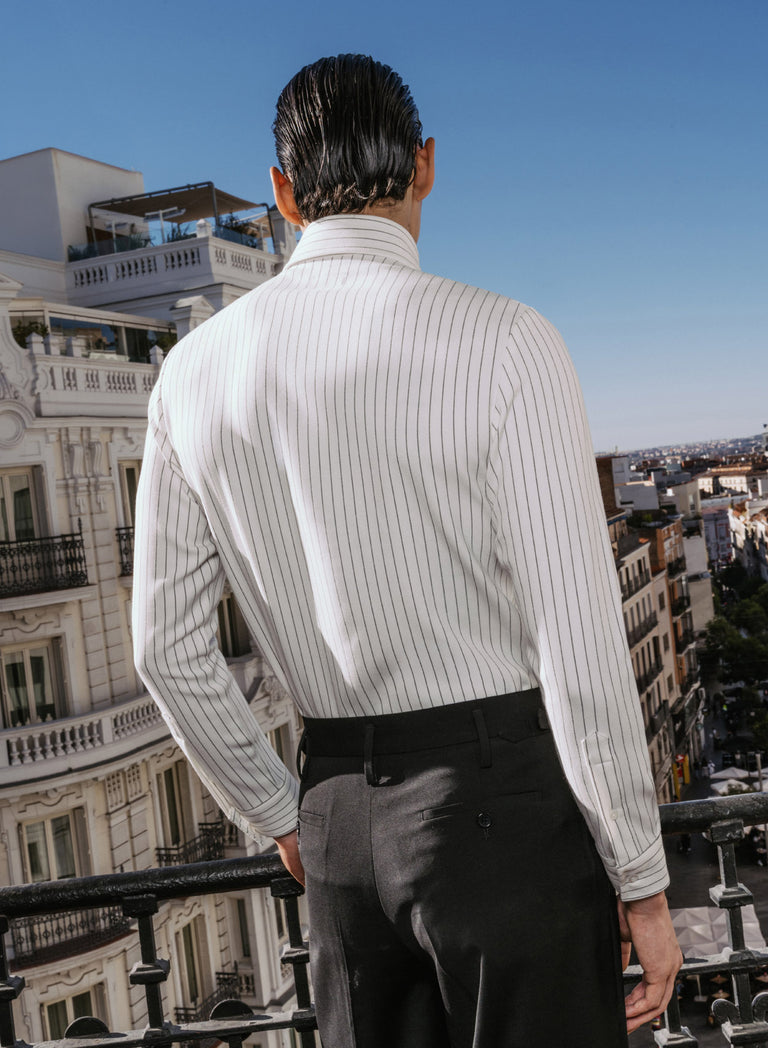 White Pinstripe Point Collar Shirt