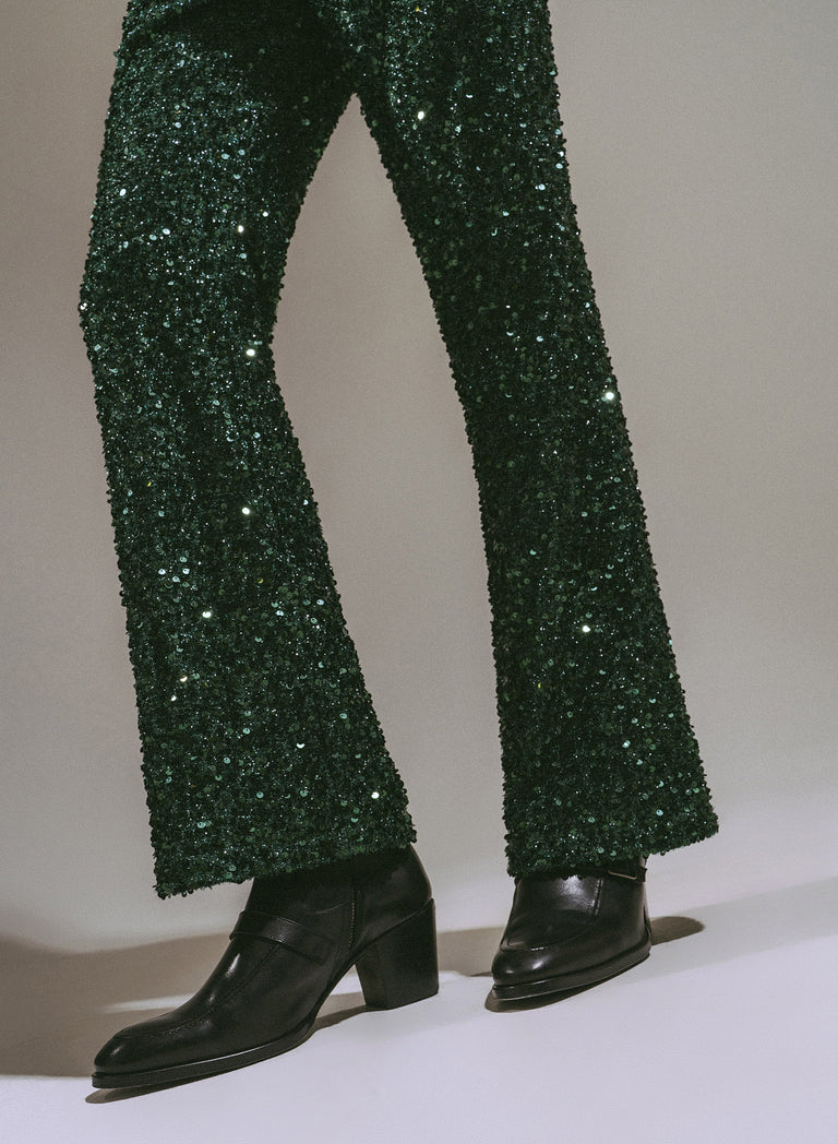 Dark Green Sequin Flare Trousers