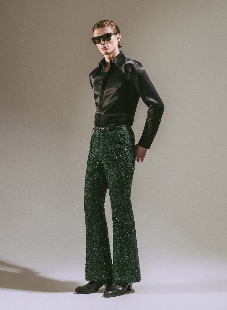 Dark Green Sequin Flare Trousers