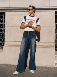 O-Ring Zip Faded Blue Denim Flare Jeans