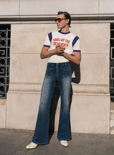 O-Ring Zip Faded Blue Denim Flare Jeans