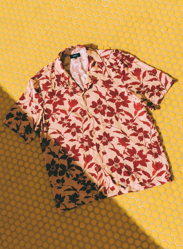 Red Floral Print Short Sleeve Cuban Shirt