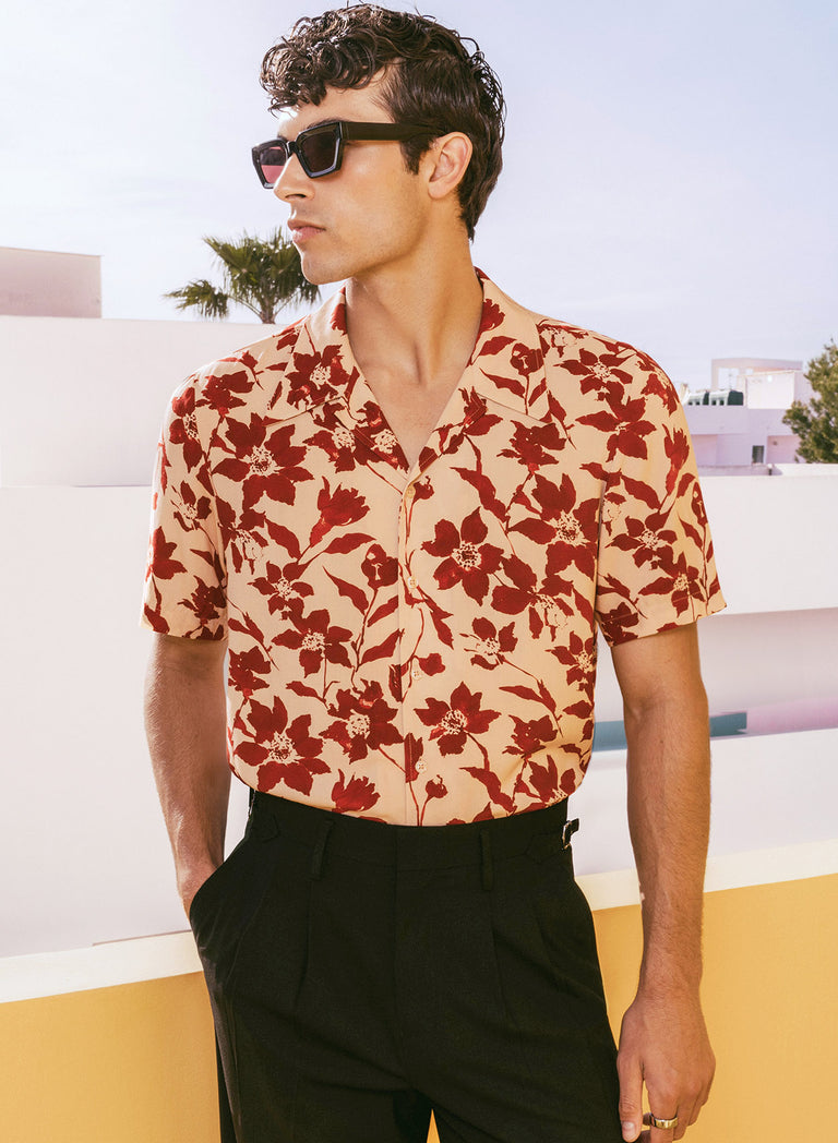 Red Floral Print Short Sleeve Cuban Shirt