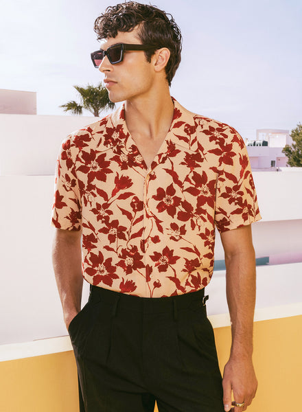 Kiton（キートン） Floral Print Shirt Red Sサイズ Red Floral Print Short Sleeve Cuban Shirt ‐ Phix