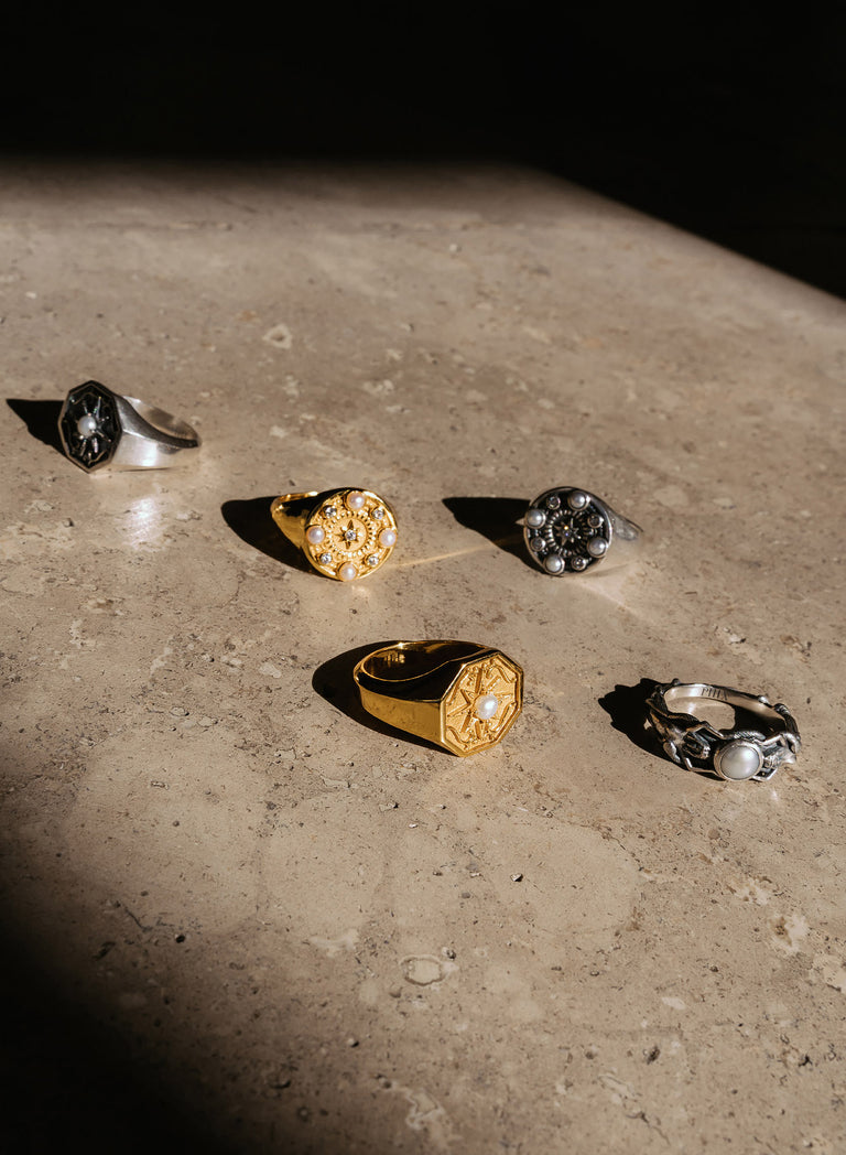 Gold Pearl & Crystal Signet Ring