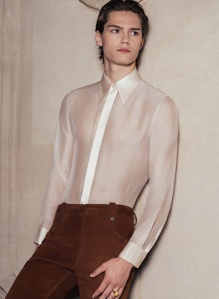 Ivory Silk Viscose Semi Sheer Chiffon Shirt