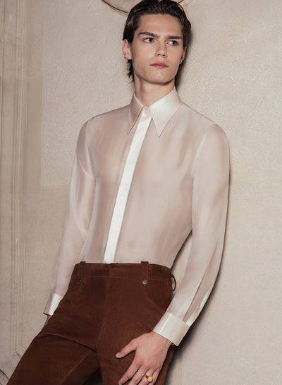 Ivory Silk Viscose Semi Sheer Chiffon Shirt