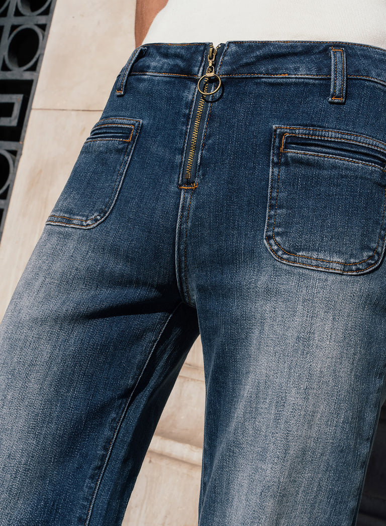 O-Ring Zip Faded Blue Denim Flare Jeans