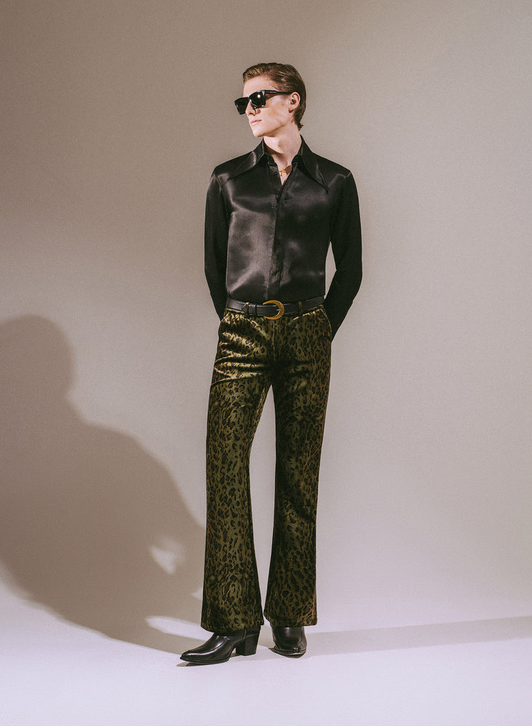 Green Leopard Velvet Flare Trousers