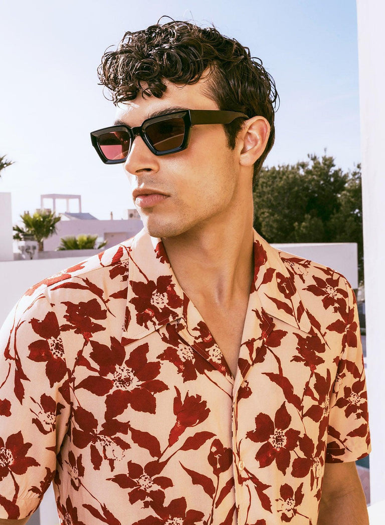 Red Floral Print Short Sleeve Cuban Shirt