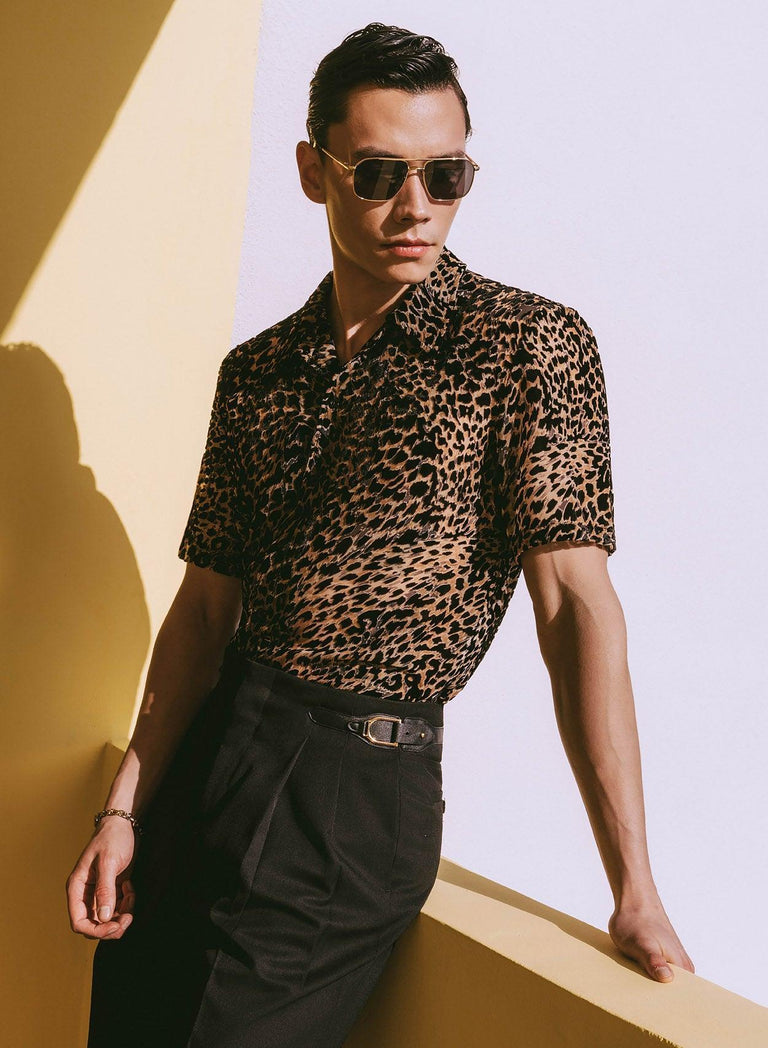Phix X Rolling Stones Cuban Semi Sheer Leopard Effect Velvet Shirt