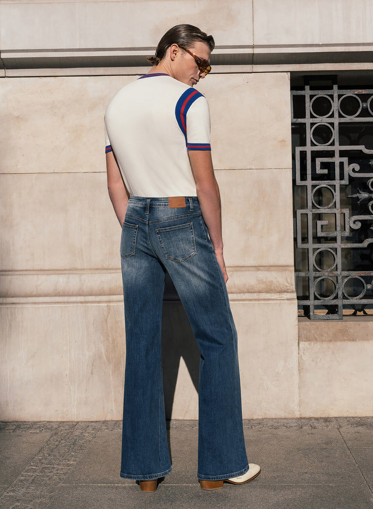 O-Ring Zip Faded Blue Denim Flare Jeans