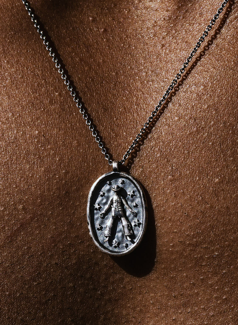 Silver Cowboy Oval Pendant Necklace