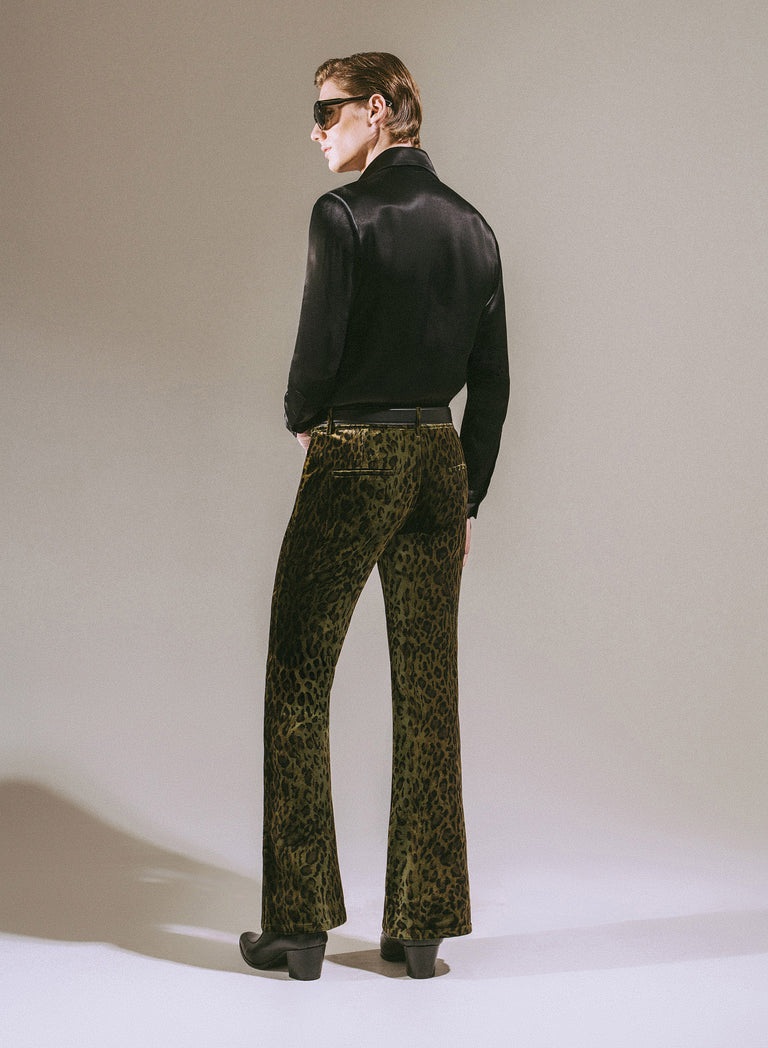 Green Leopard Velvet Flare Trousers