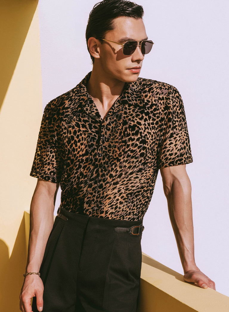 Phix X Rolling Stones Cuban Semi Sheer Leopard Effect Velvet Shirt