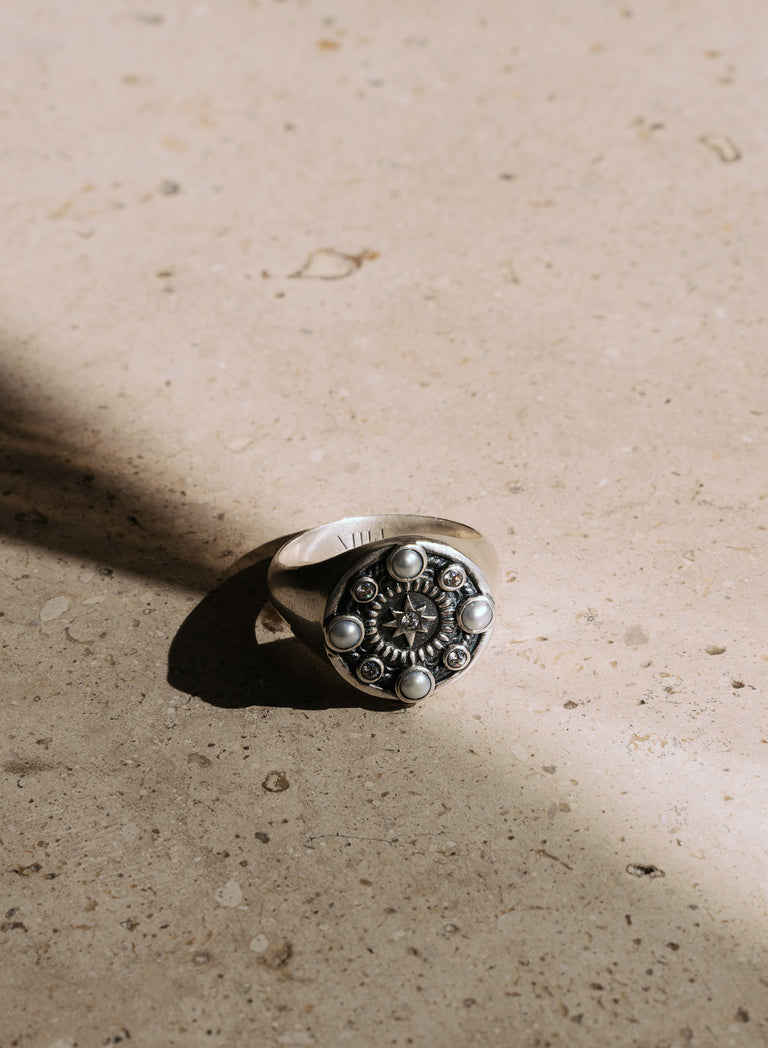 Silver Pearl & Crystal Signet Ring