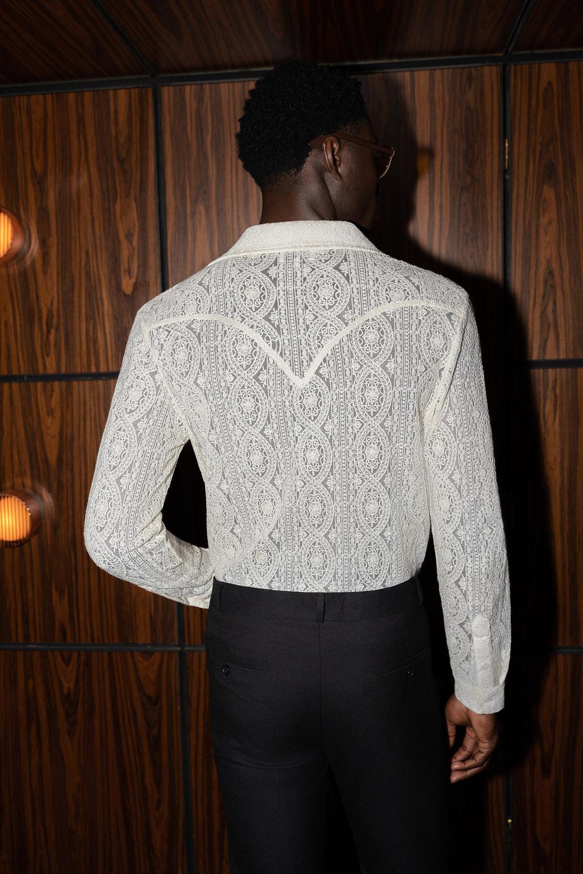 Phix Men's Western Ivory Lace Embroidery Shirt - White In Size Medium Phix Men's Western Ivory Lace Embroidery Shirt - White In Size Medium