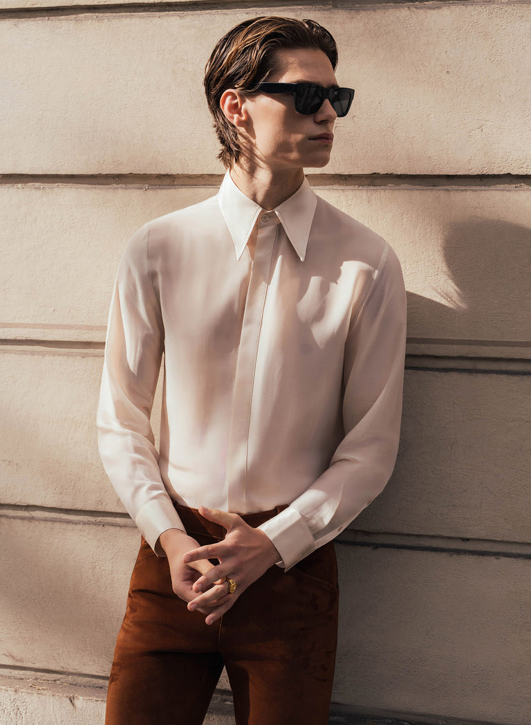 Ivory Silk Viscose Semi Sheer Chiffon Shirt