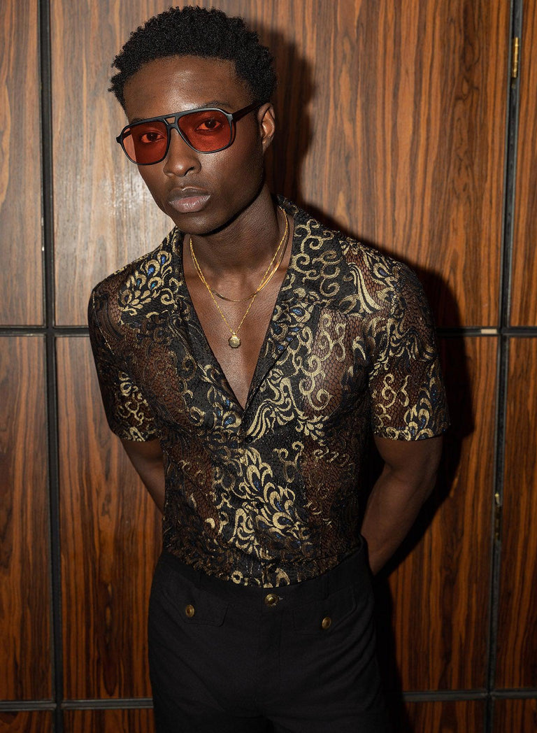 Black Lace Gold Short Sleeve Cuban Peacock Shirt Phix