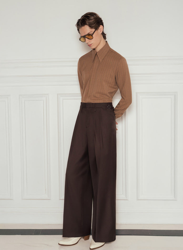 Brown High Waisted Side Buckle Flare Trousers