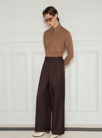 Brown High Waisted Side Buckle Flare Trousers