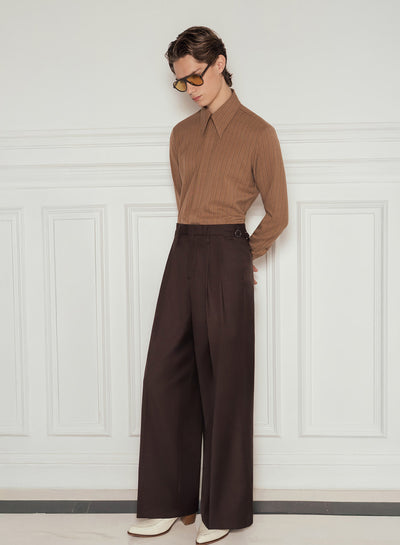 Brown High Waisted Side Buckle Flare Trousers