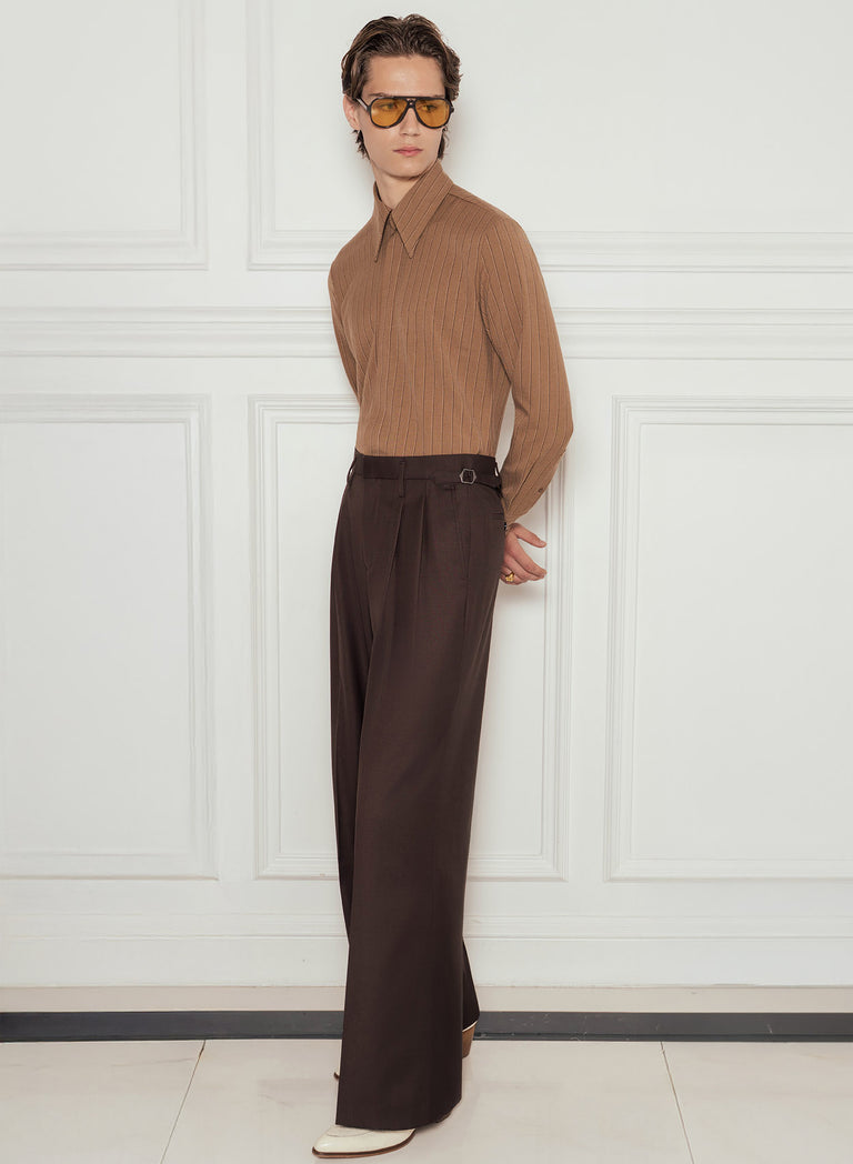 Brown High Waisted Side Buckle Flare Trousers