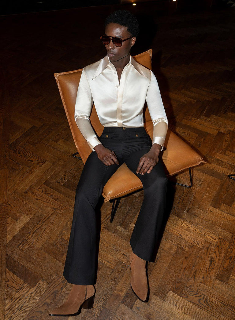 Pearl Satin Oversize Dagger Collar Shirt