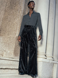 Black Velvet Sequin Side Buckle Pinstripe Wide Leg Flare