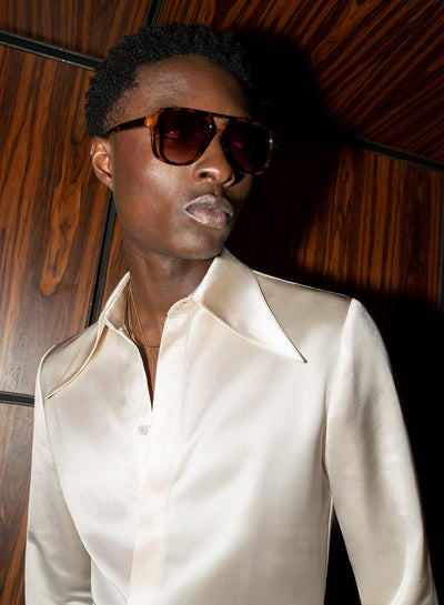 Pearl Satin Oversize Dagger Collar Shirt