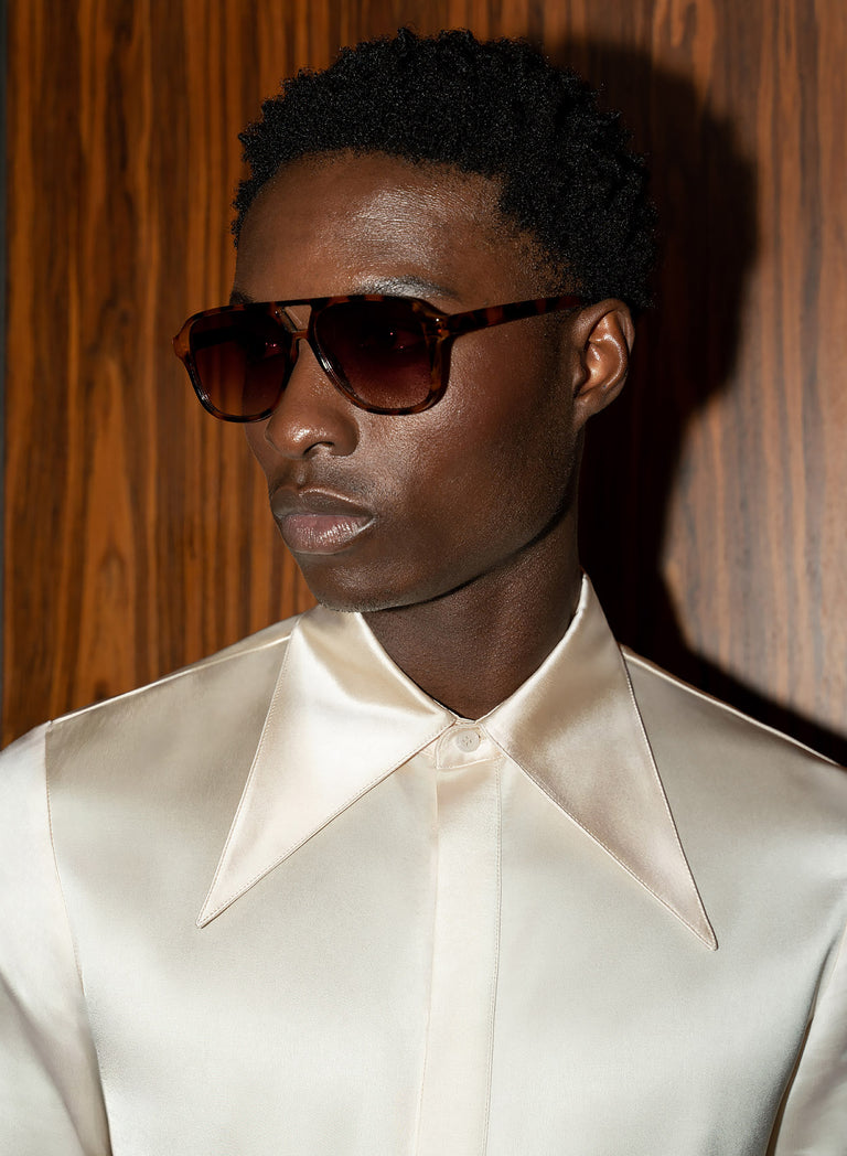 Pearl Satin Oversize Dagger Collar Shirt