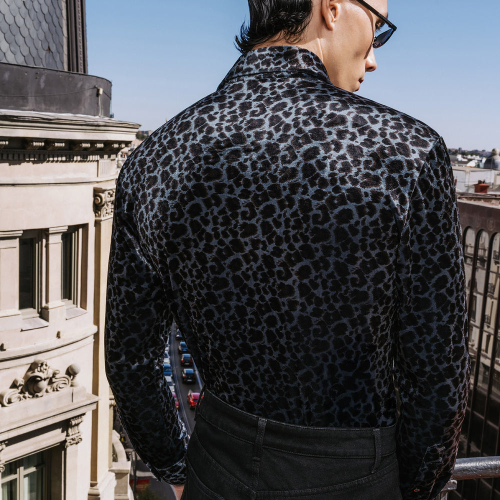 Blue Leopard Dagger Collar Velvet Shirt & Phix