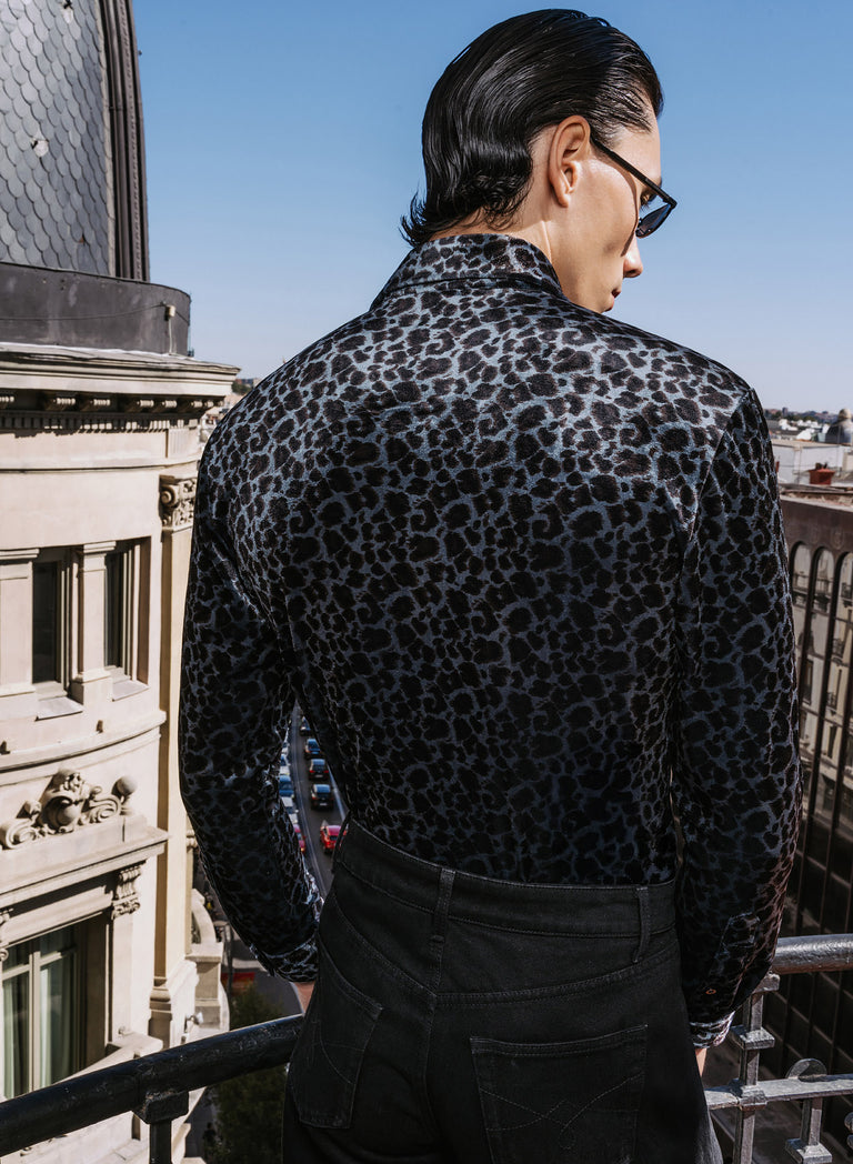 Blue Leopard Dagger Collar Velvet Shirt