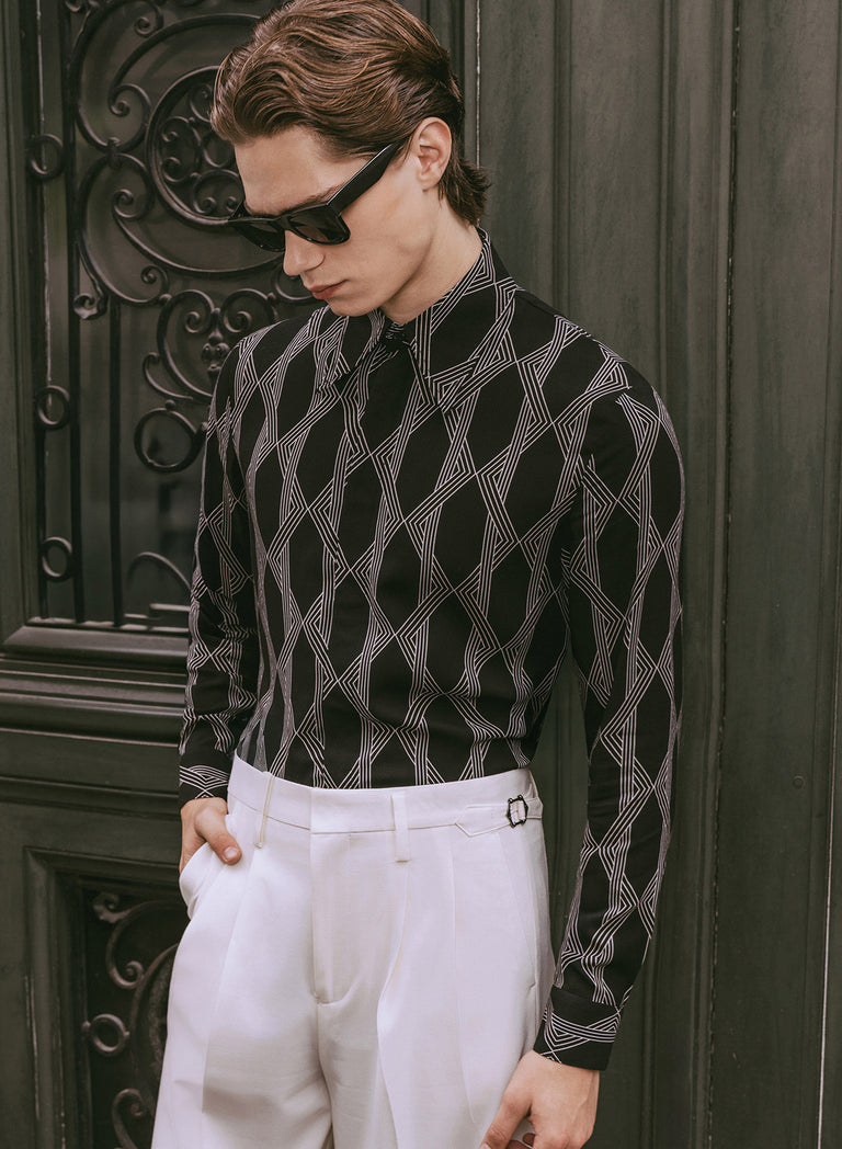 Black Geometric Interlock Viscose Shirt