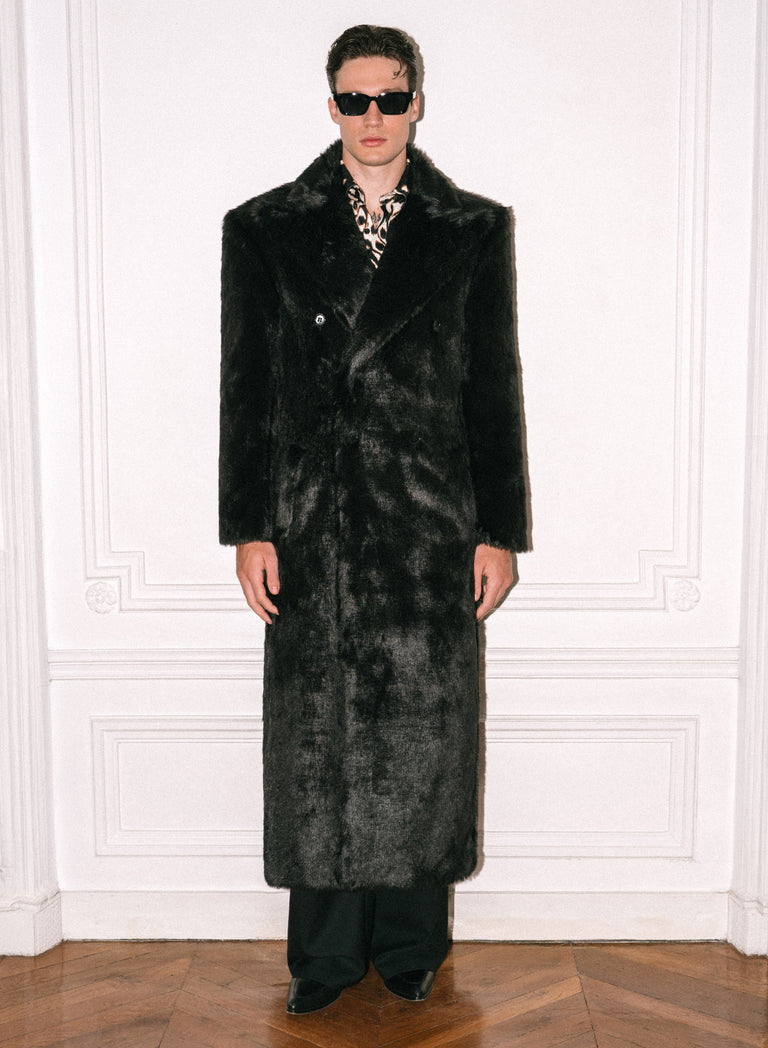 Black Double Breasted Faux Fur Long Coat