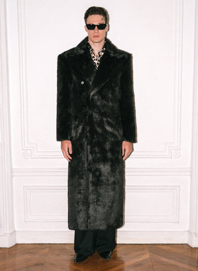 Black Double Breasted Faux Fur Long Coat