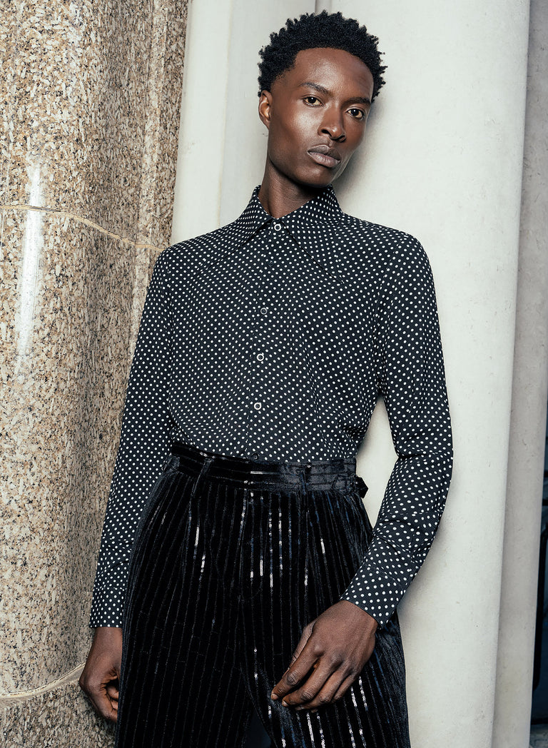 Black Polka Dot Dagger Collar Viscose Shirt