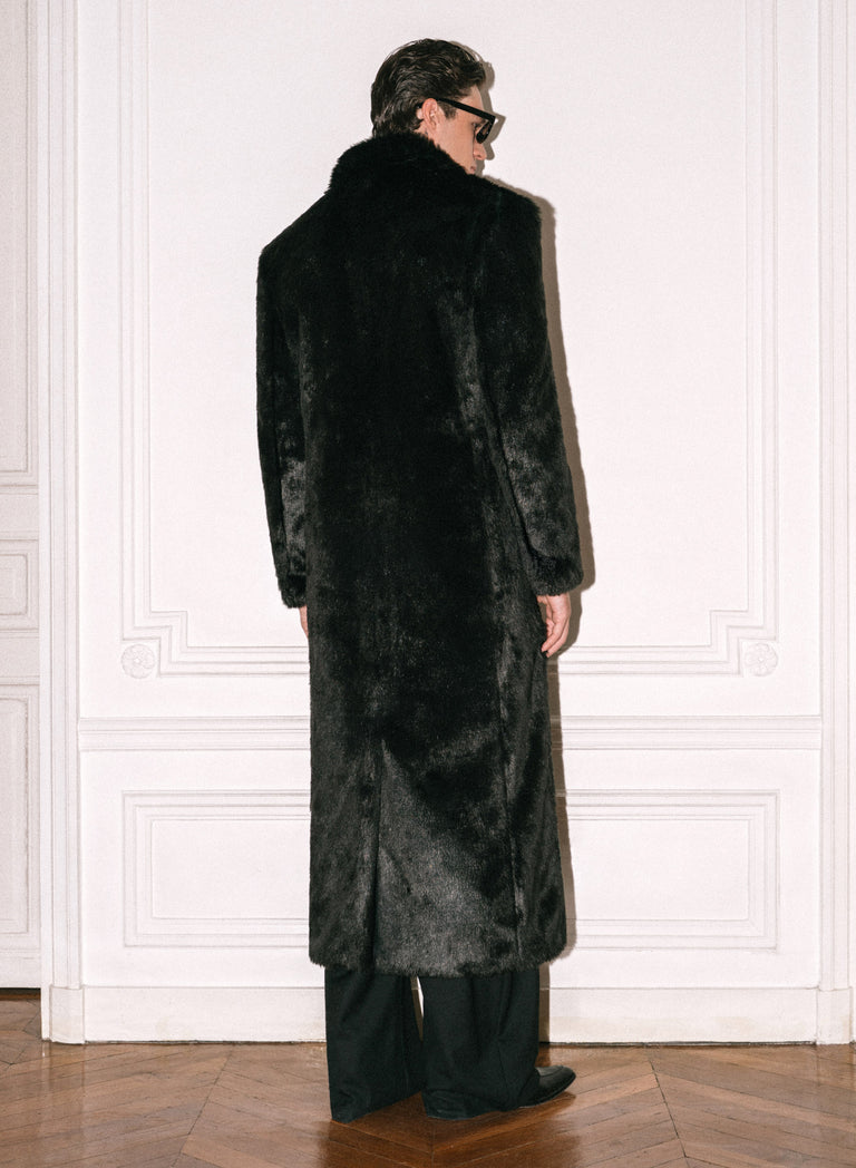 Black Double Breasted Faux Fur Long Coat